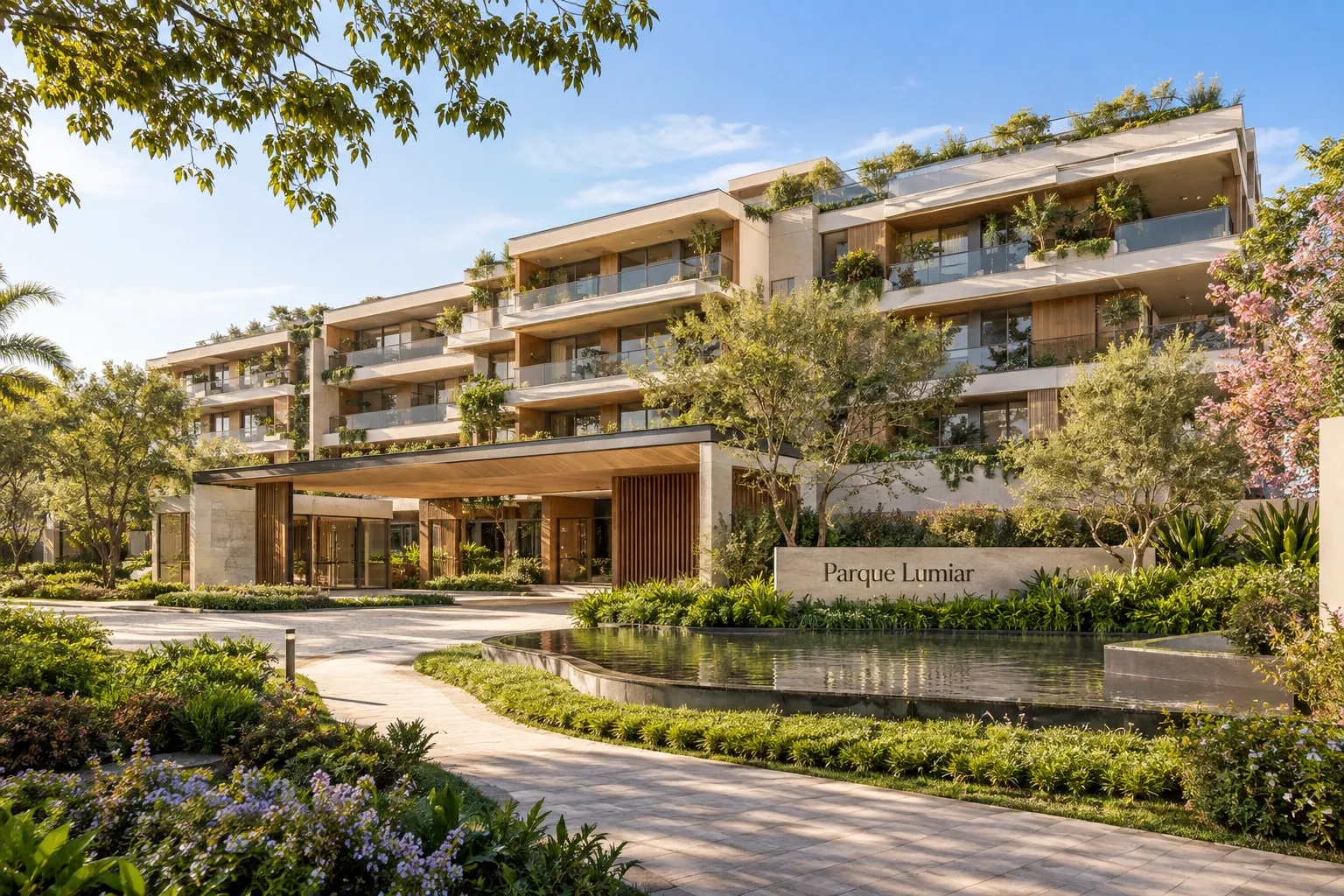 Empreendimento residencial com apartamentos, varandas e jardins